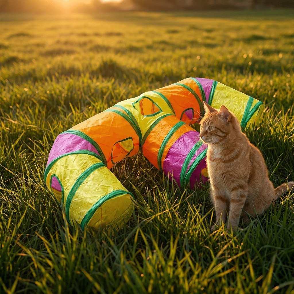 Nooklet cat tunnel on long grass at golden hour with a ginger cat