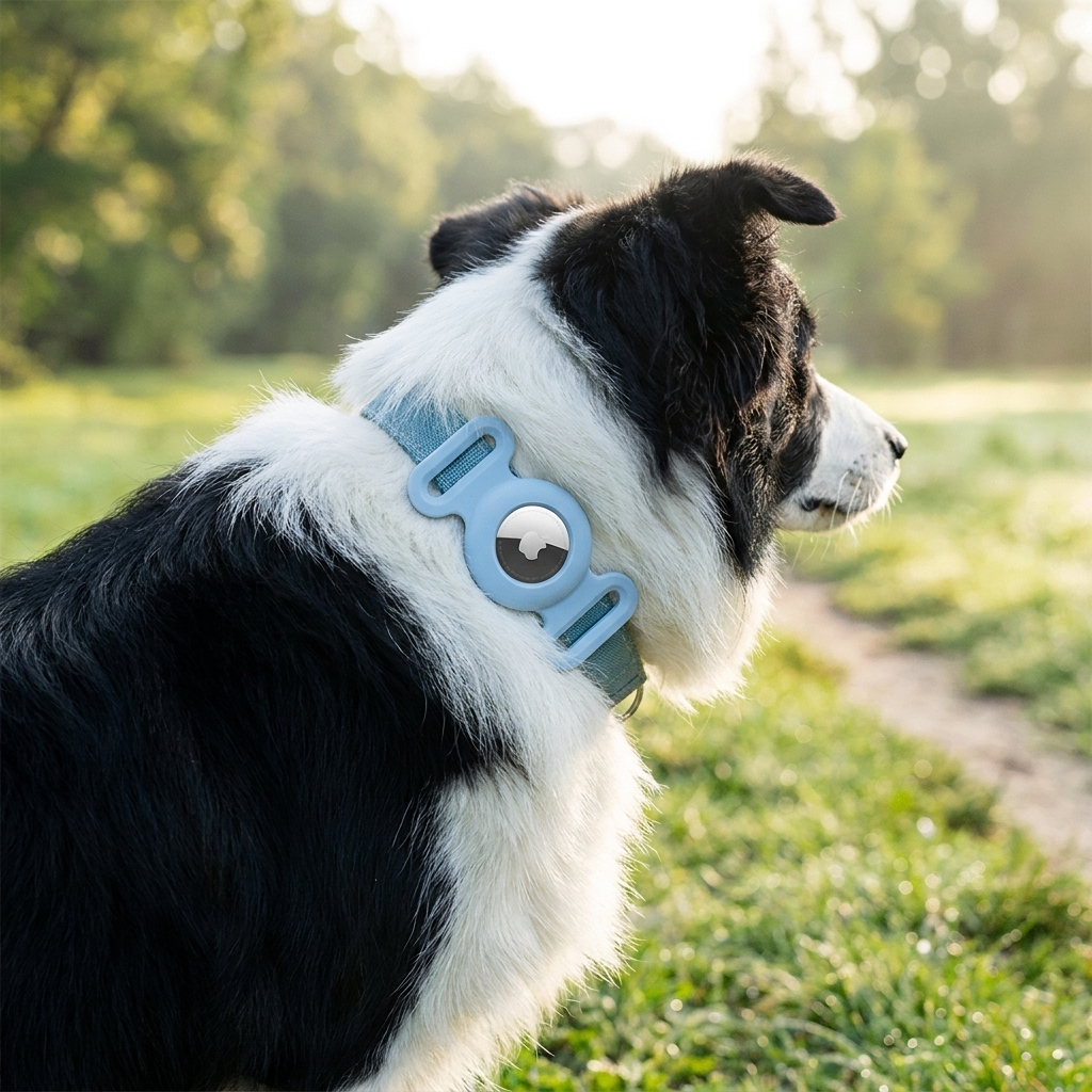 Tagalo AirTag holder on the collar of a border collie in a park
