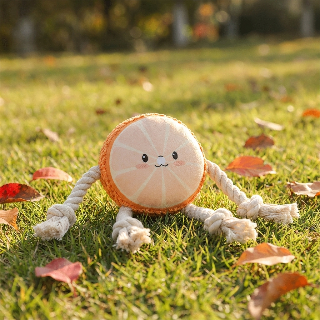 Avolo avocado dog toy on a sunlit lawn among fallen leaves