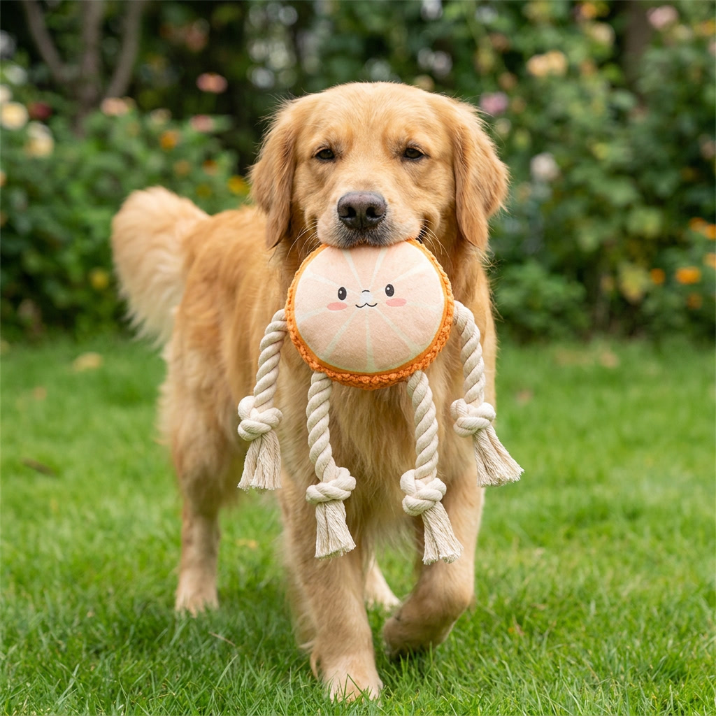 Avolo avocado dog toy held in the mouth of a golden retriever