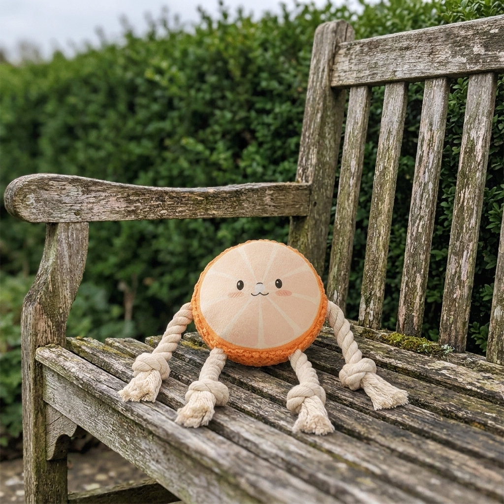Avolo avocado dog toy on a weathered wooden garden bench