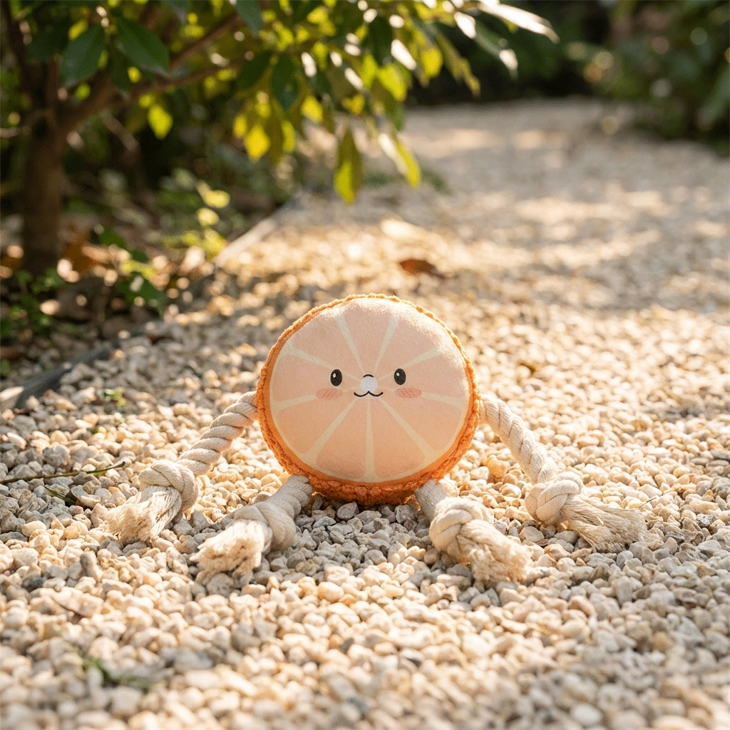 Avolo avocado dog toy on a gravel garden path in dappled sunlight