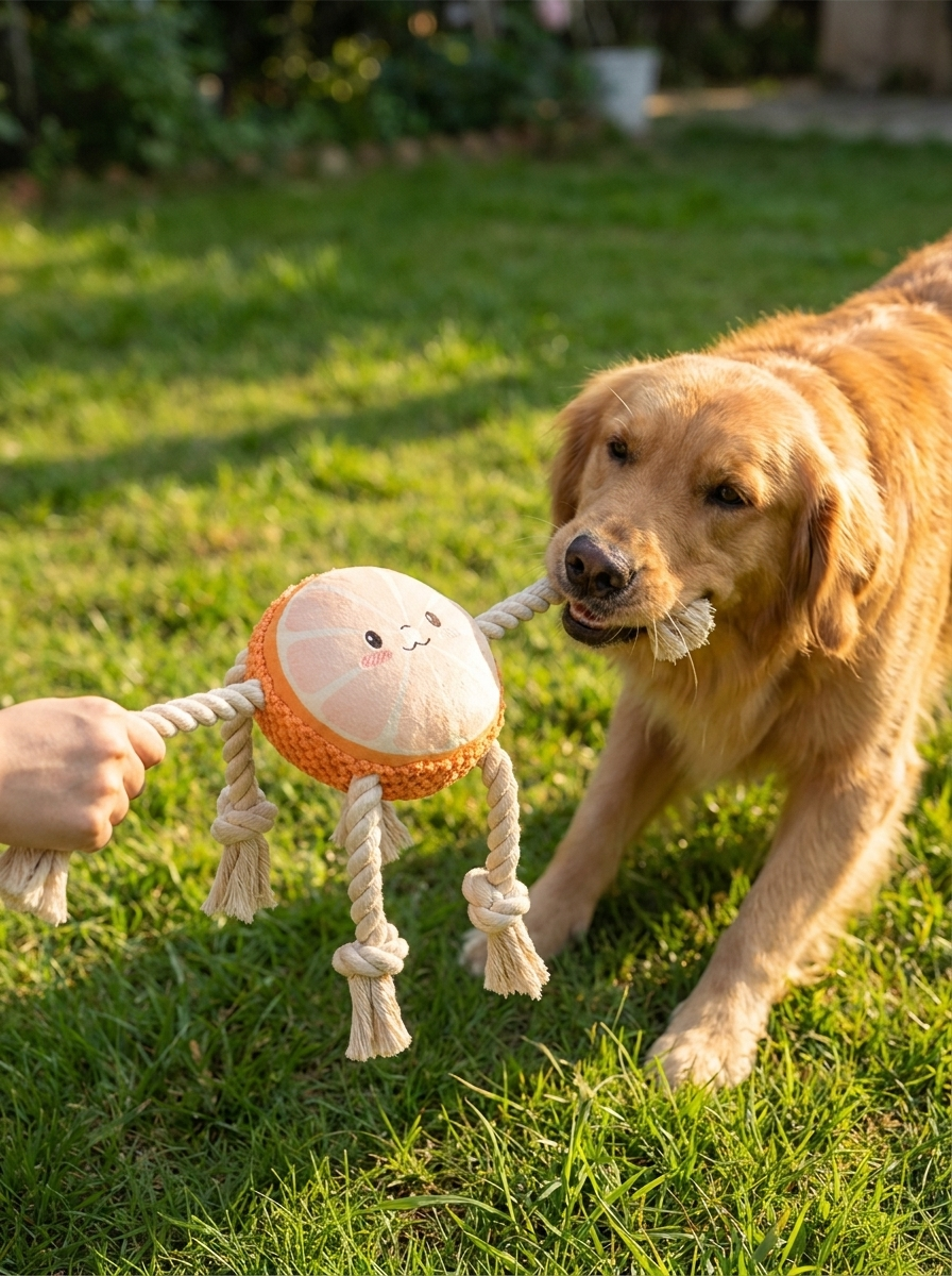 Avolo avocado dog toy stretched taut in a game of tug