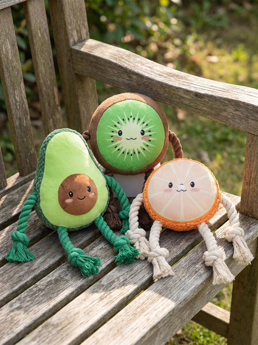 Three Avolo fruit dog toys on a wooden garden bench