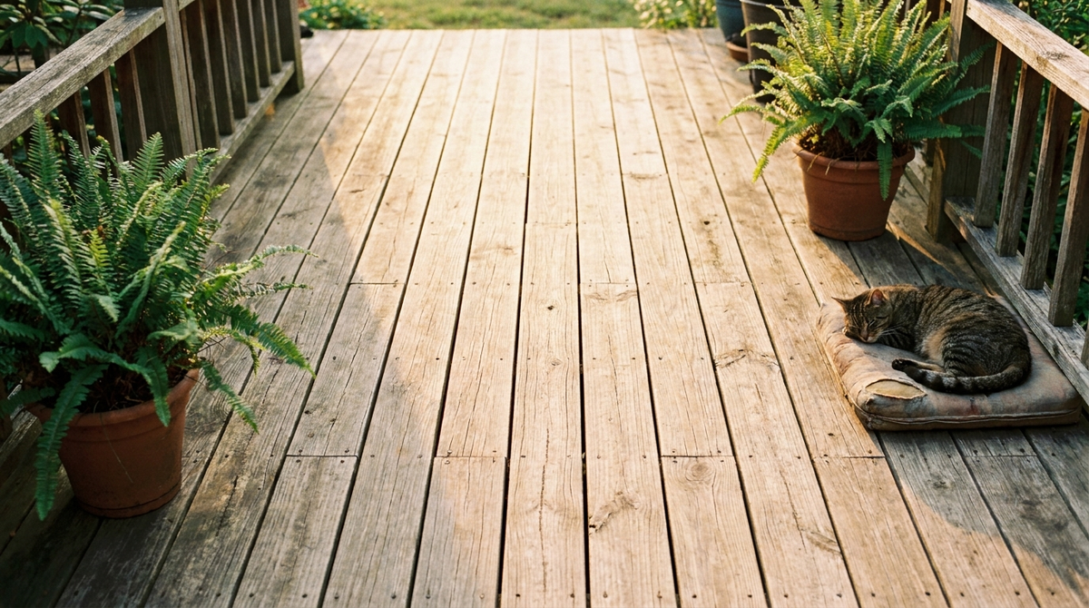 Wooden garden deck at golden hour with a cat resting on a cushion