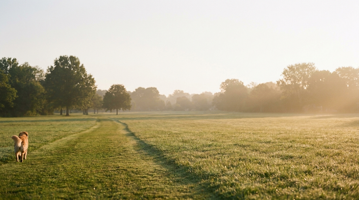 Sunlit park path at dawn with a dog walking ahead