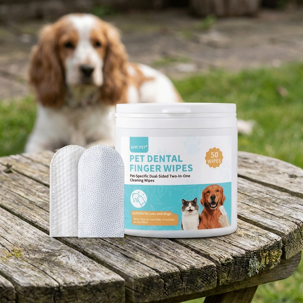 Fingerly finger wipes on a wooden garden table with a spaniel behind