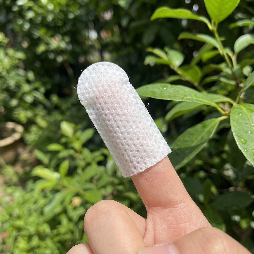A Fingerly wipe fitted over a fingertip outdoors in natural daylight