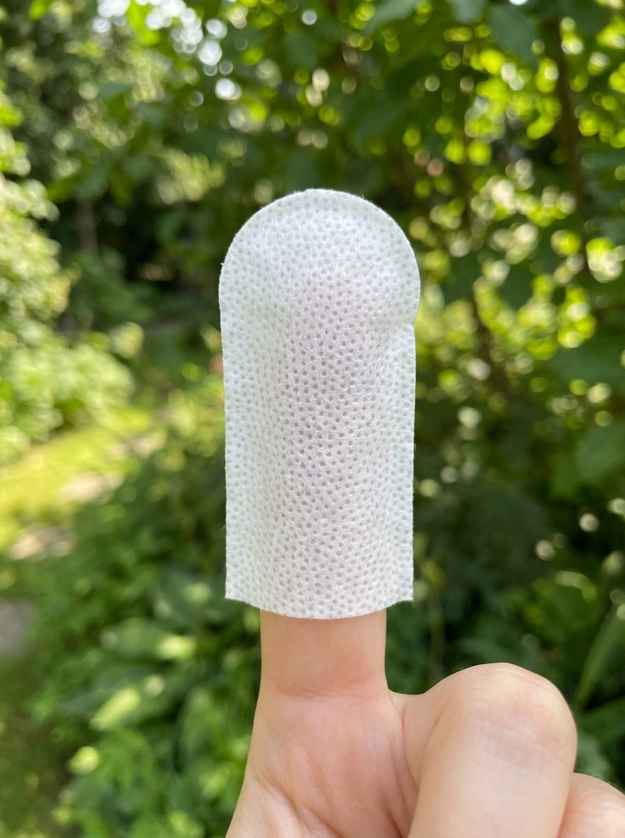 A Fingerly wipe fitted over a fingertip in a garden