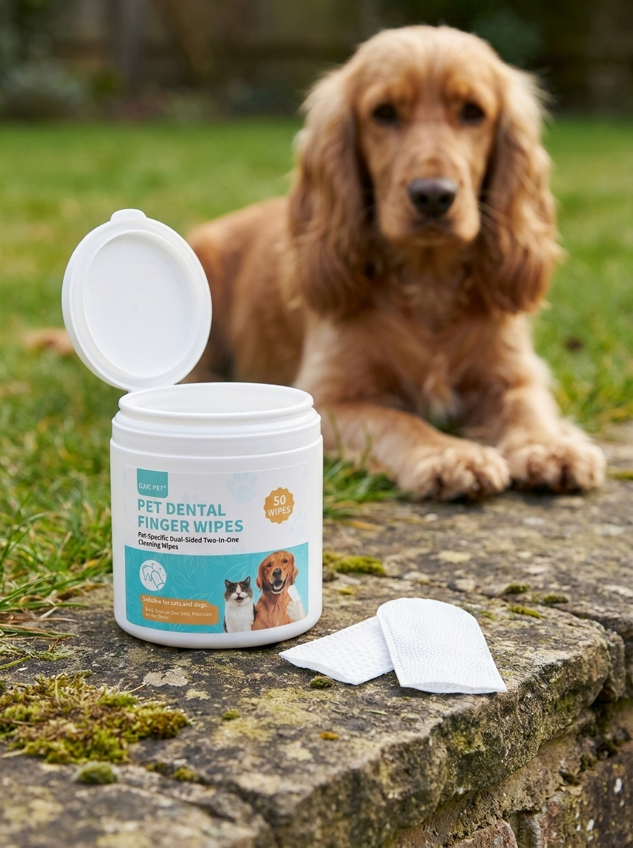An open pack of Fingerly wipes on a stone garden wall
