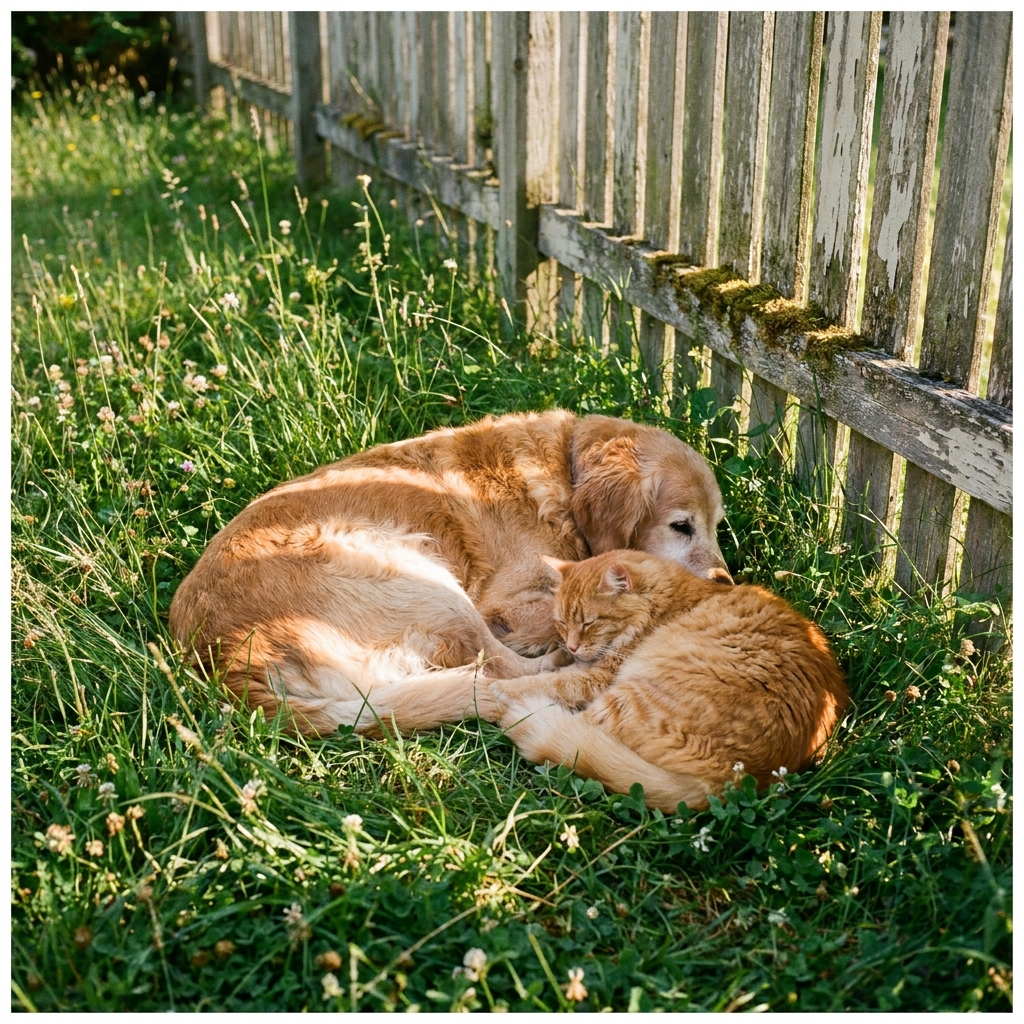 A dog and a cat resting on a sunlit lawn beside a wooden fence