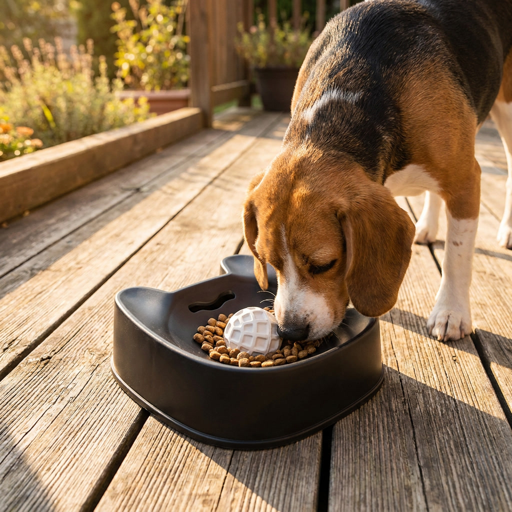 Mealo slow feeder bowl on a wooden deck with a beagle eating from it