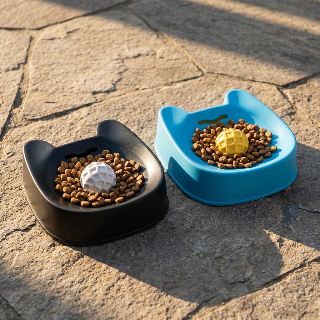 Mealo slow feeder bowl filled with kibble on a flagstone patio