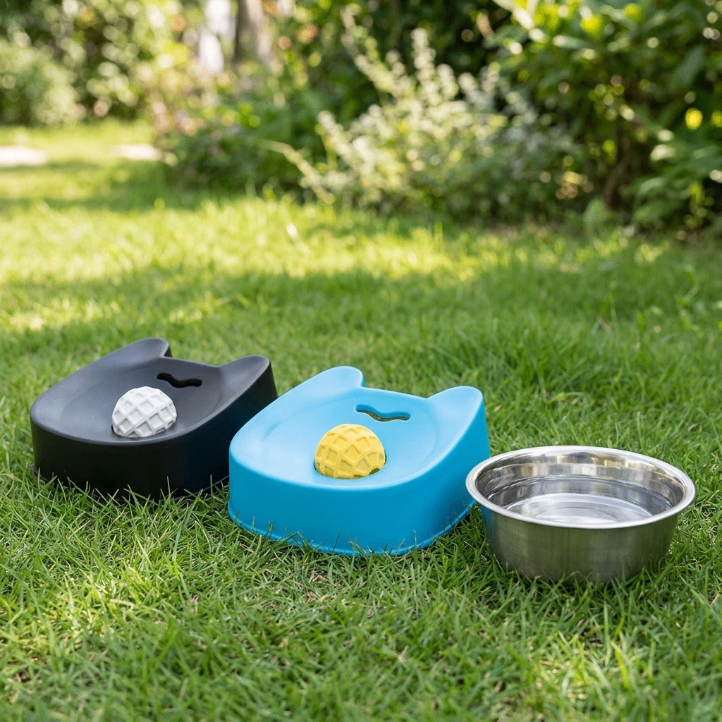 Mealo slow feeder bowl on grass beside a stainless water bowl