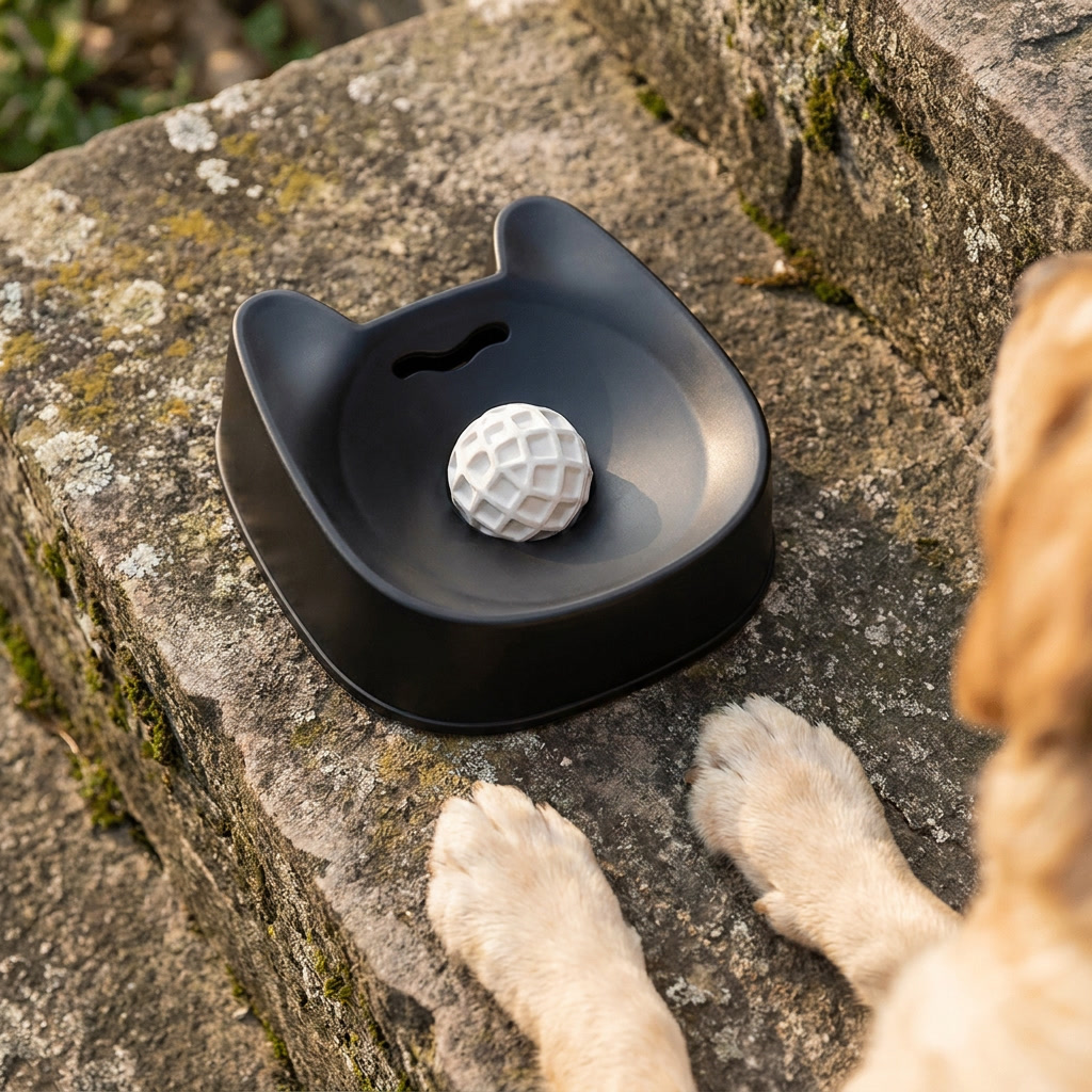 Mealo slow feeder bowl on a stone garden step with a dog waiting