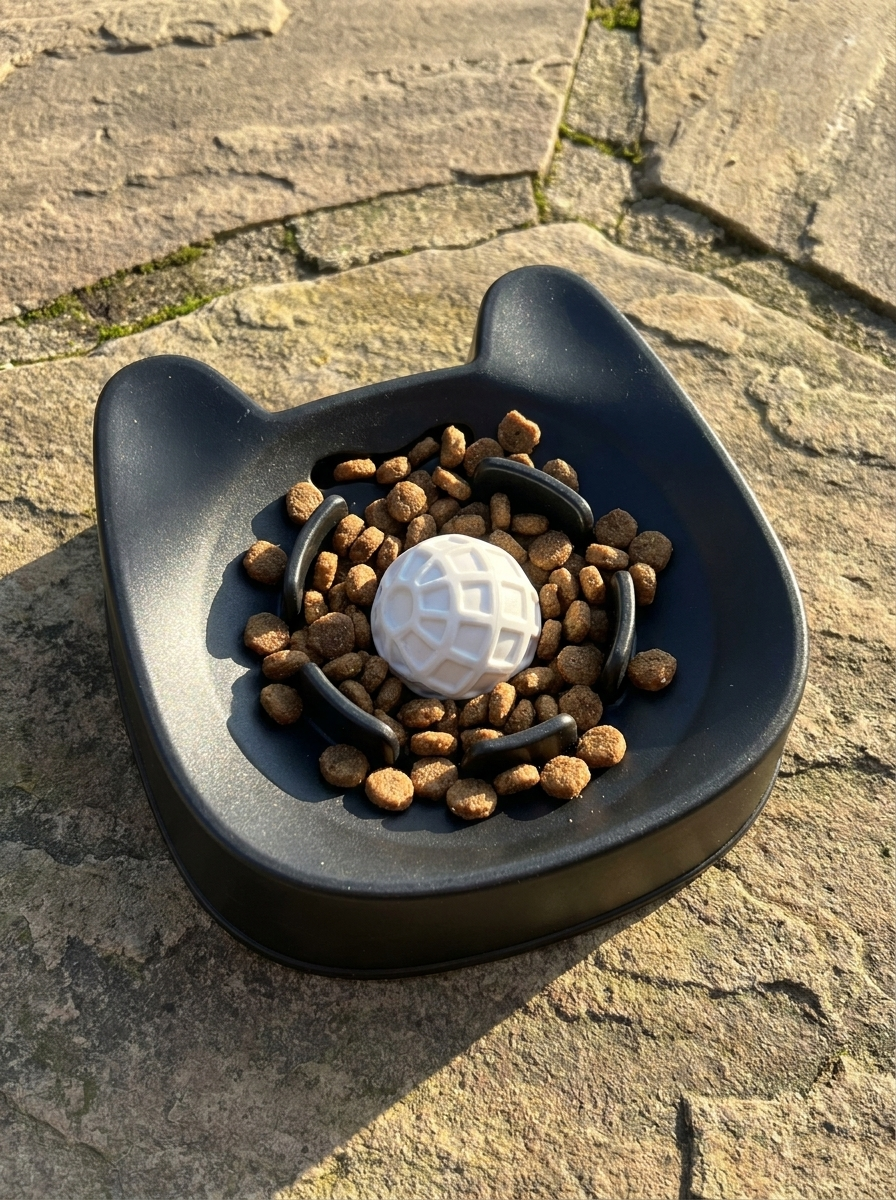 Overhead view of the Mealo bowl with kibble in the maze ridges