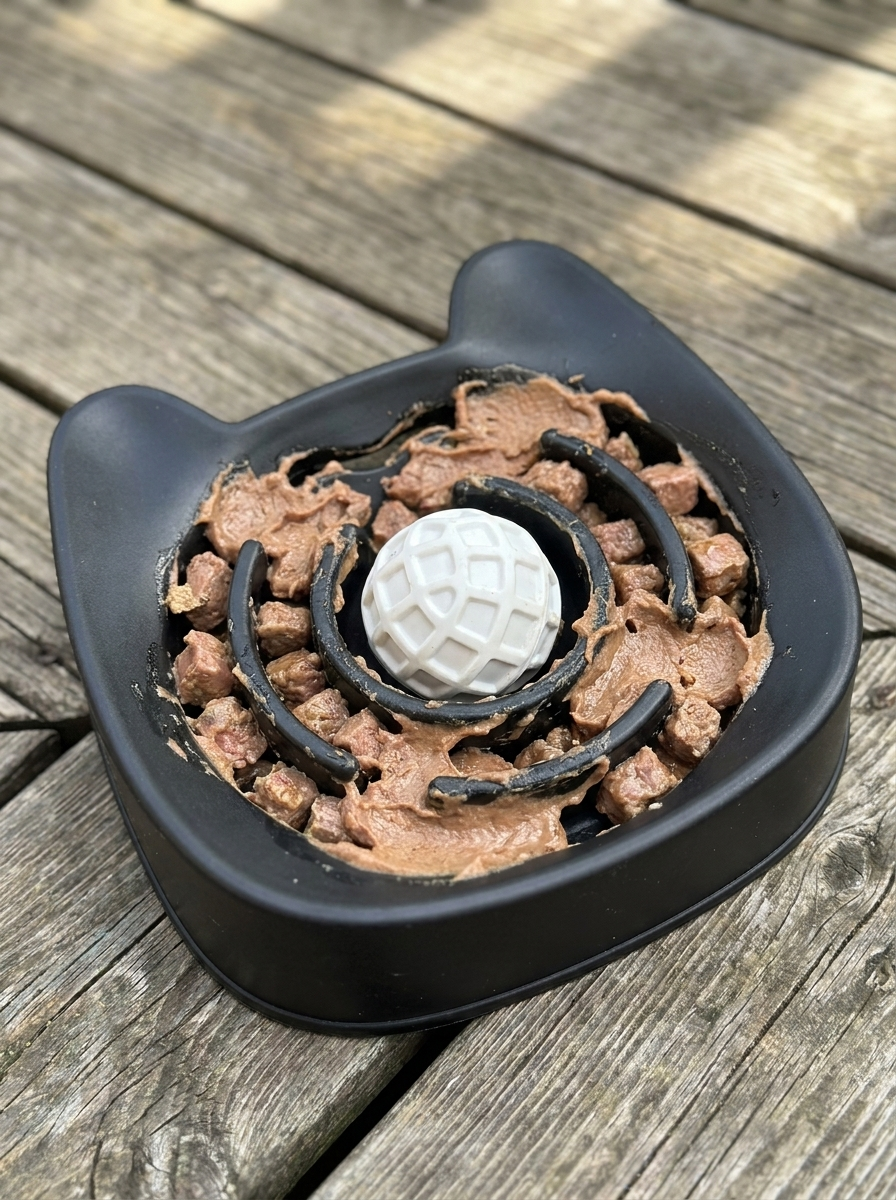 Mealo bowl holding wet food pressed into the maze channels