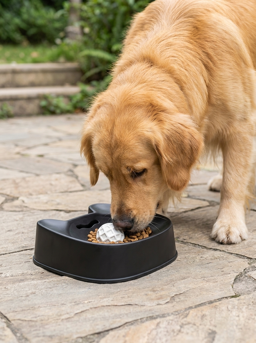 A large dog eating from the Mealo bowl on a flagstone patio