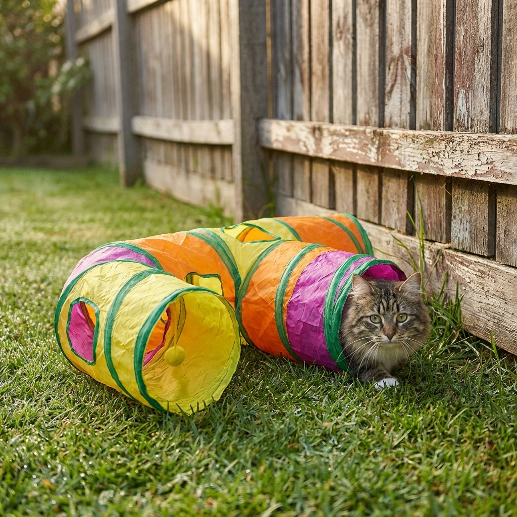 Nooklet cat tunnel on a lawn beside a timber fence with a cat emerging