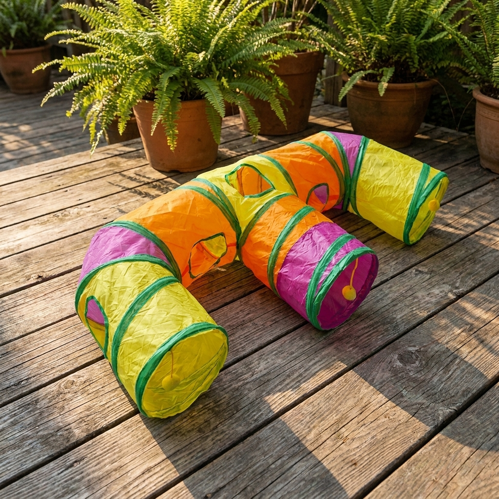 Nooklet cat tunnel on a wooden garden deck with potted ferns