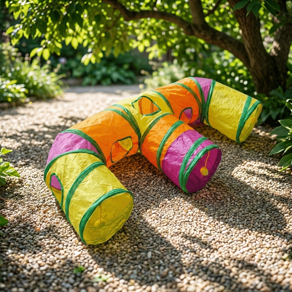 Nooklet cat tunnel on a gravel garden path in dappled sunlight