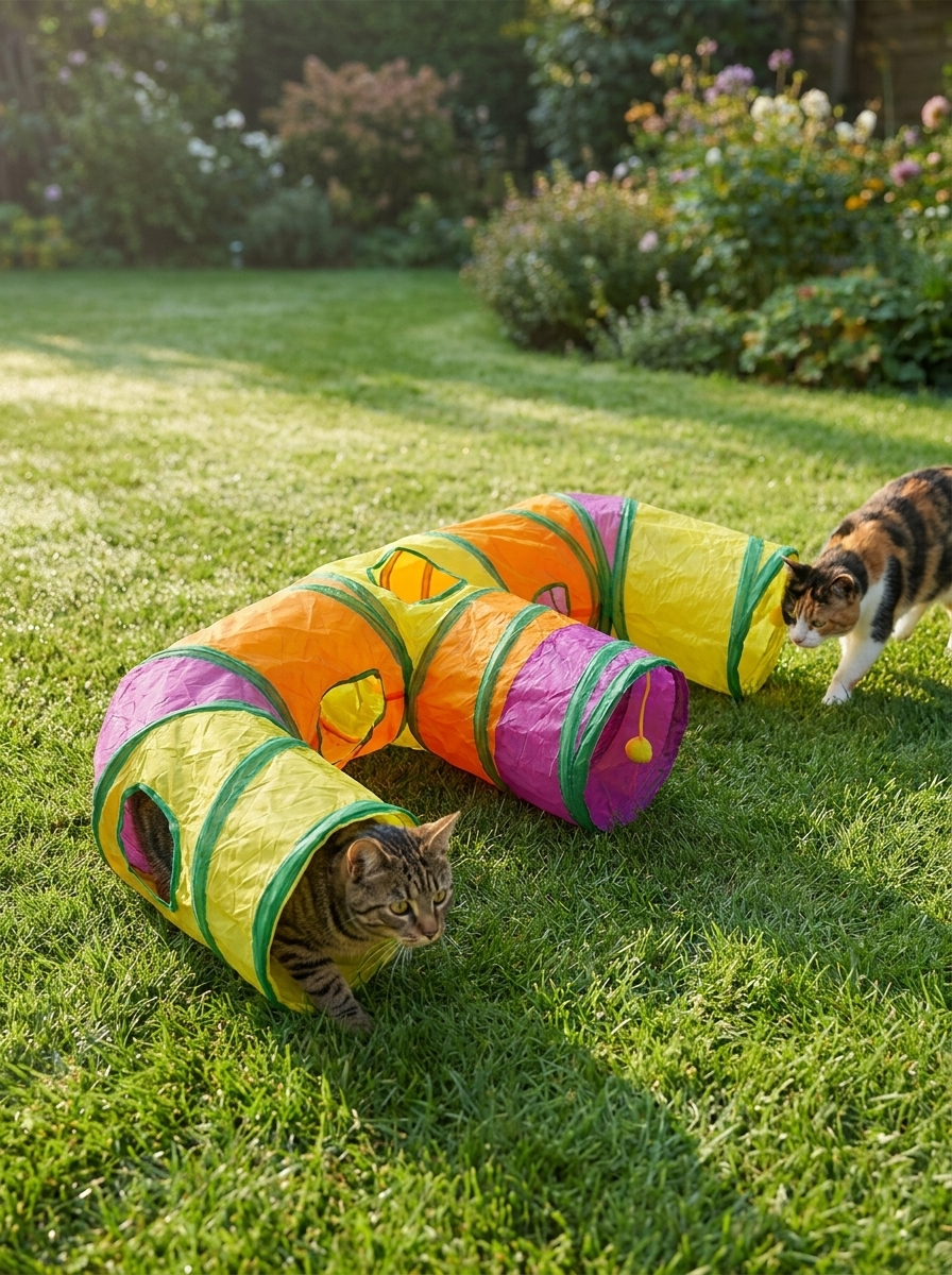 Two cats using the Nooklet tunnel on a garden lawn