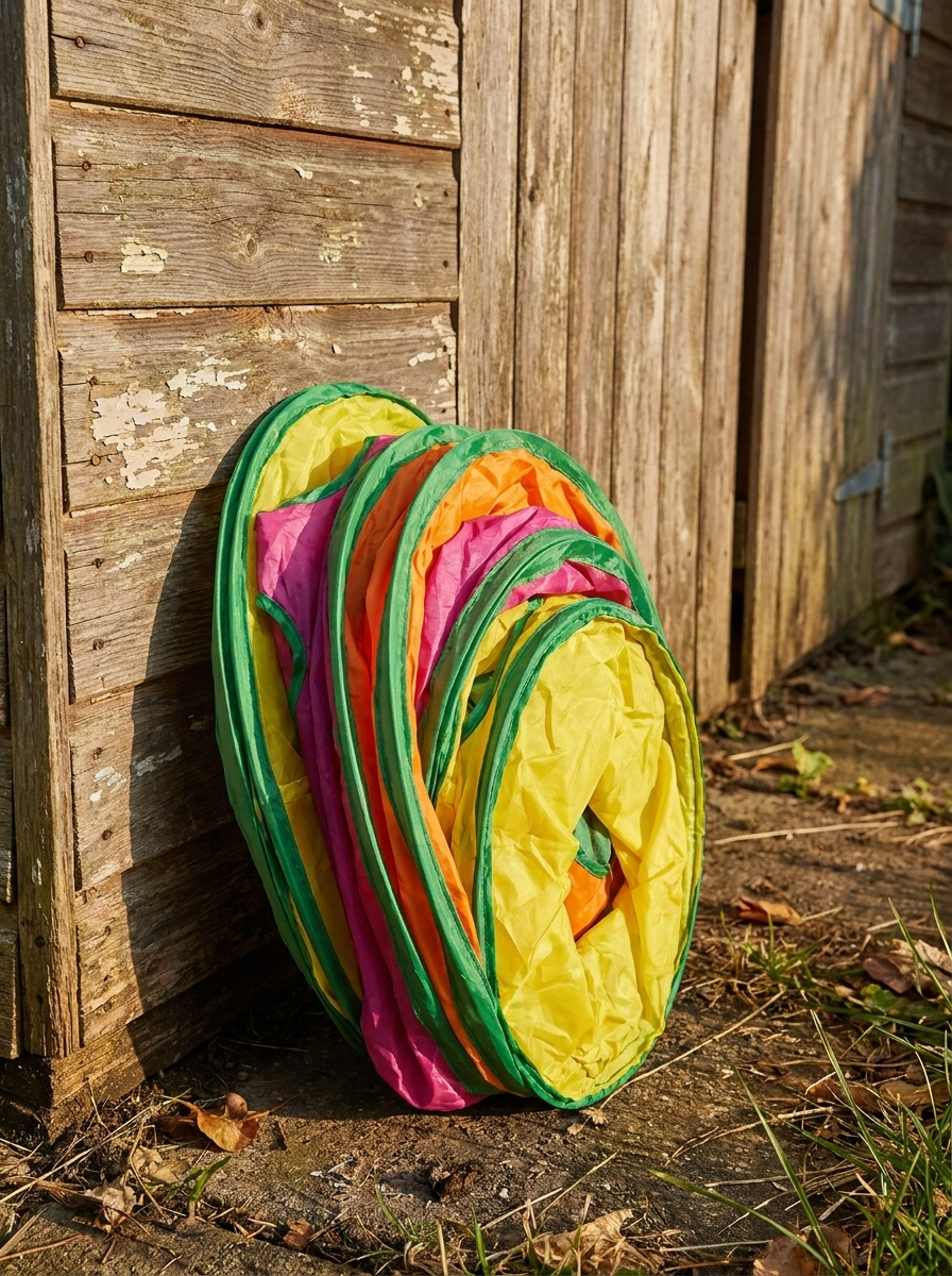 Nooklet cat tunnel partly folded against a timber shed wall