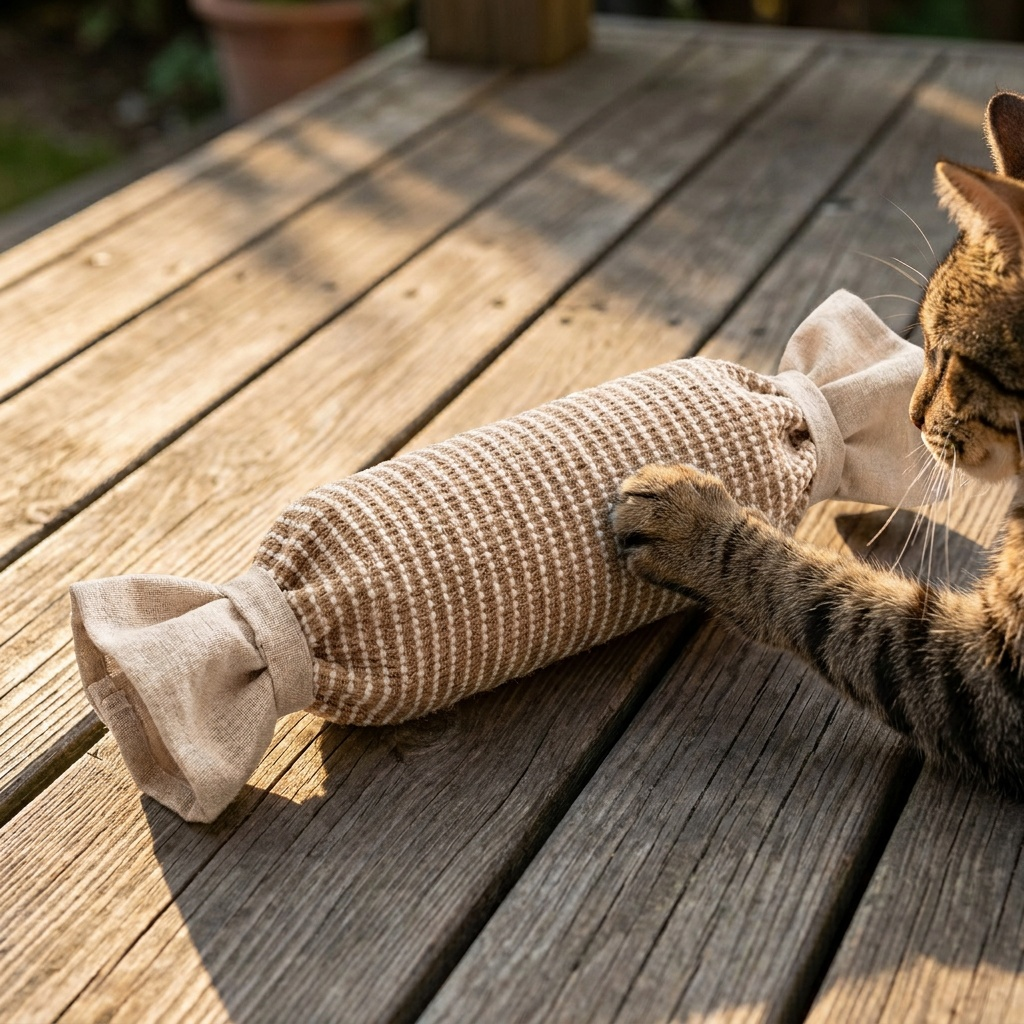 Sisalo cat scratcher on a wooden deck with a tabby cat pawing at it