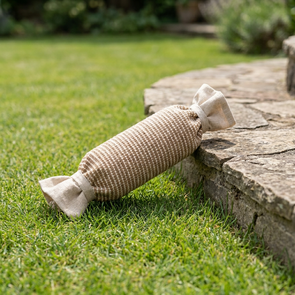 Sisalo cat scratcher on a lawn beside a low stone garden step