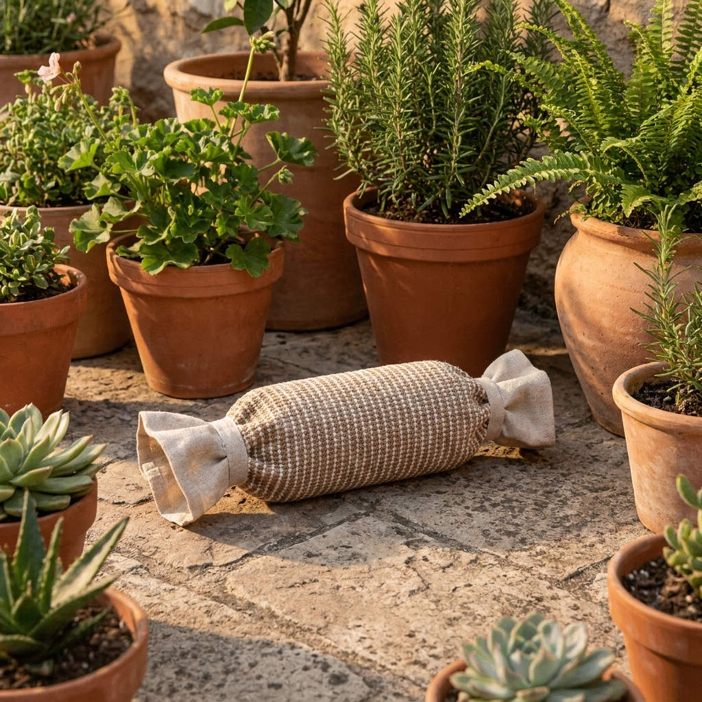 Sisalo cat scratcher on a stone patio among terracotta pots