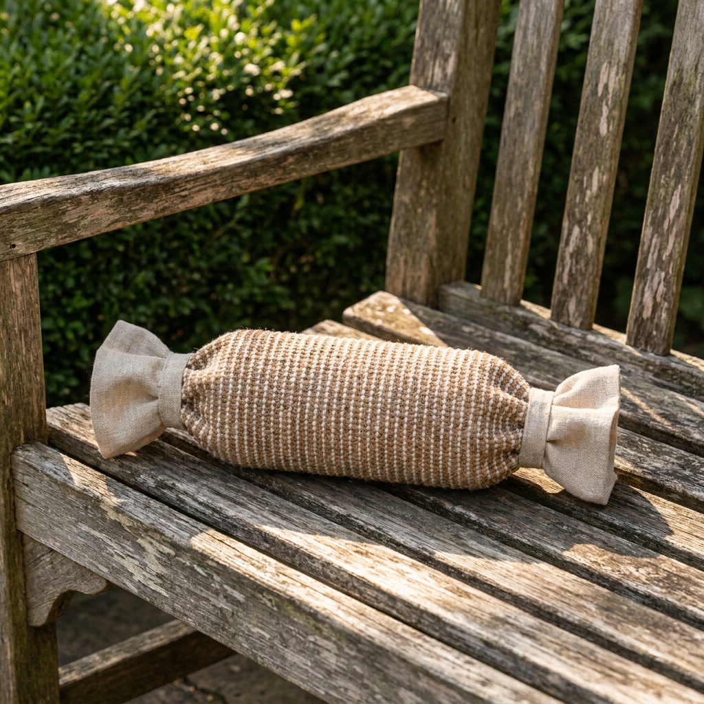 Sisalo cat scratcher on a wooden garden bench in dappled sunlight