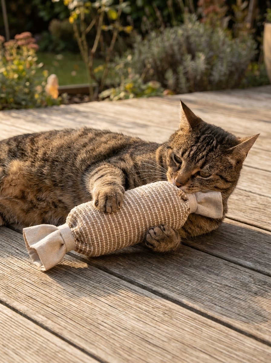 A tabby cat holding the Sisalo scratcher on a garden deck