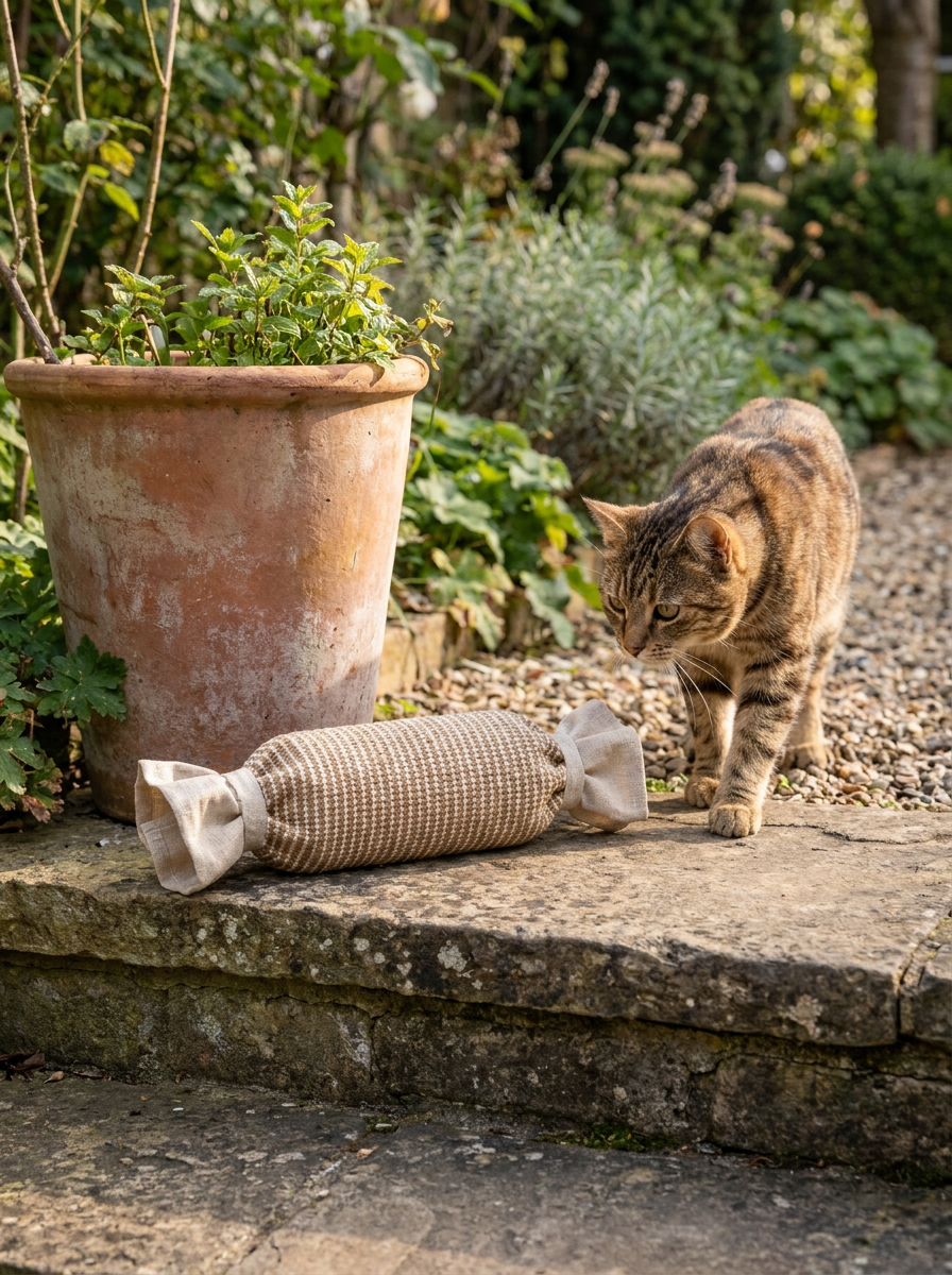 Sisalo cat scratcher on a garden step beside a terracotta pot