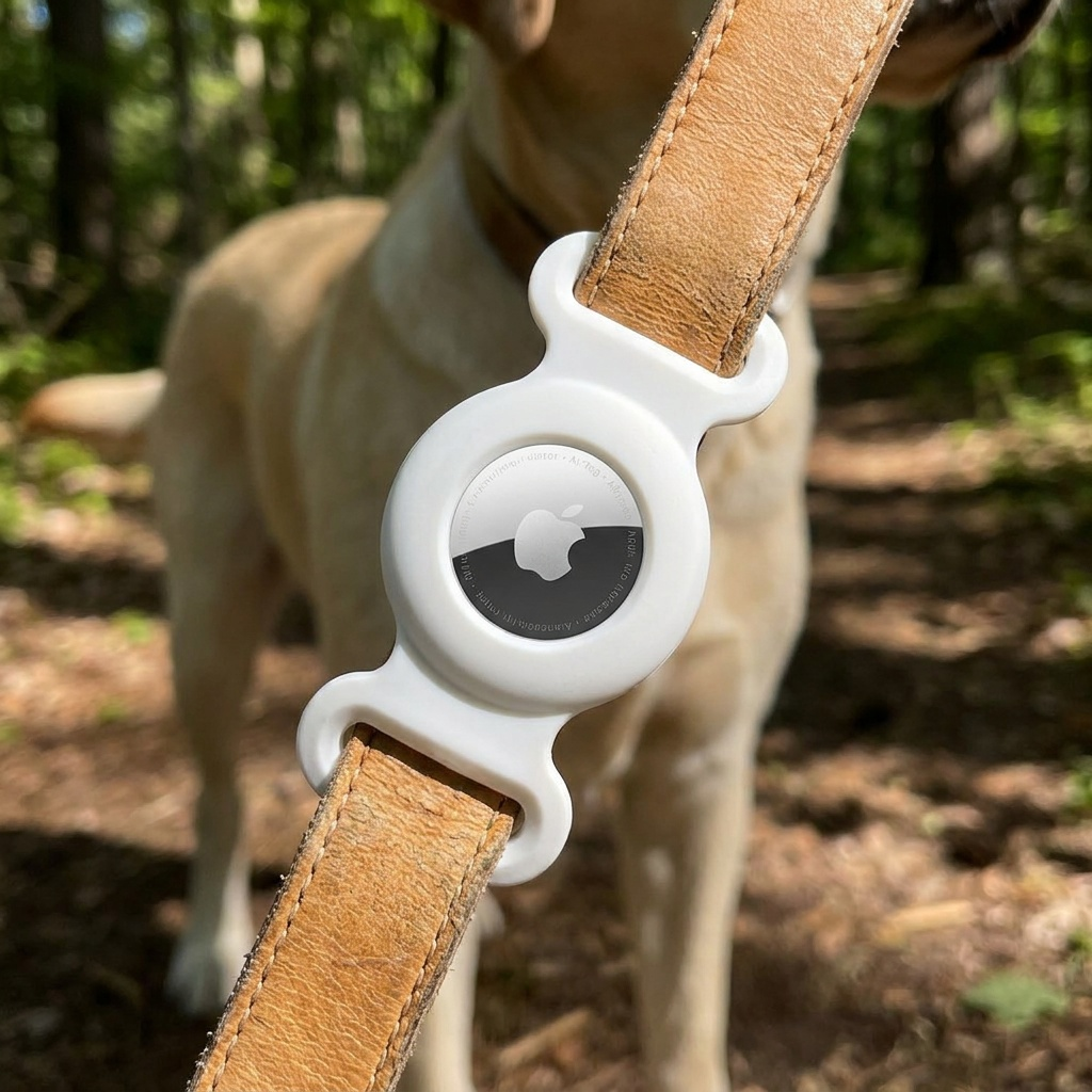 Tagalo AirTag holder fastened to a leather dog collar on a woodland trail
