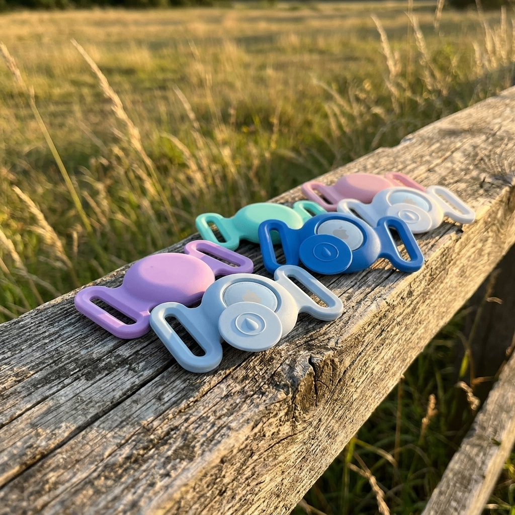 Tagalo AirTag holder resting on a weathered wooden fence rail