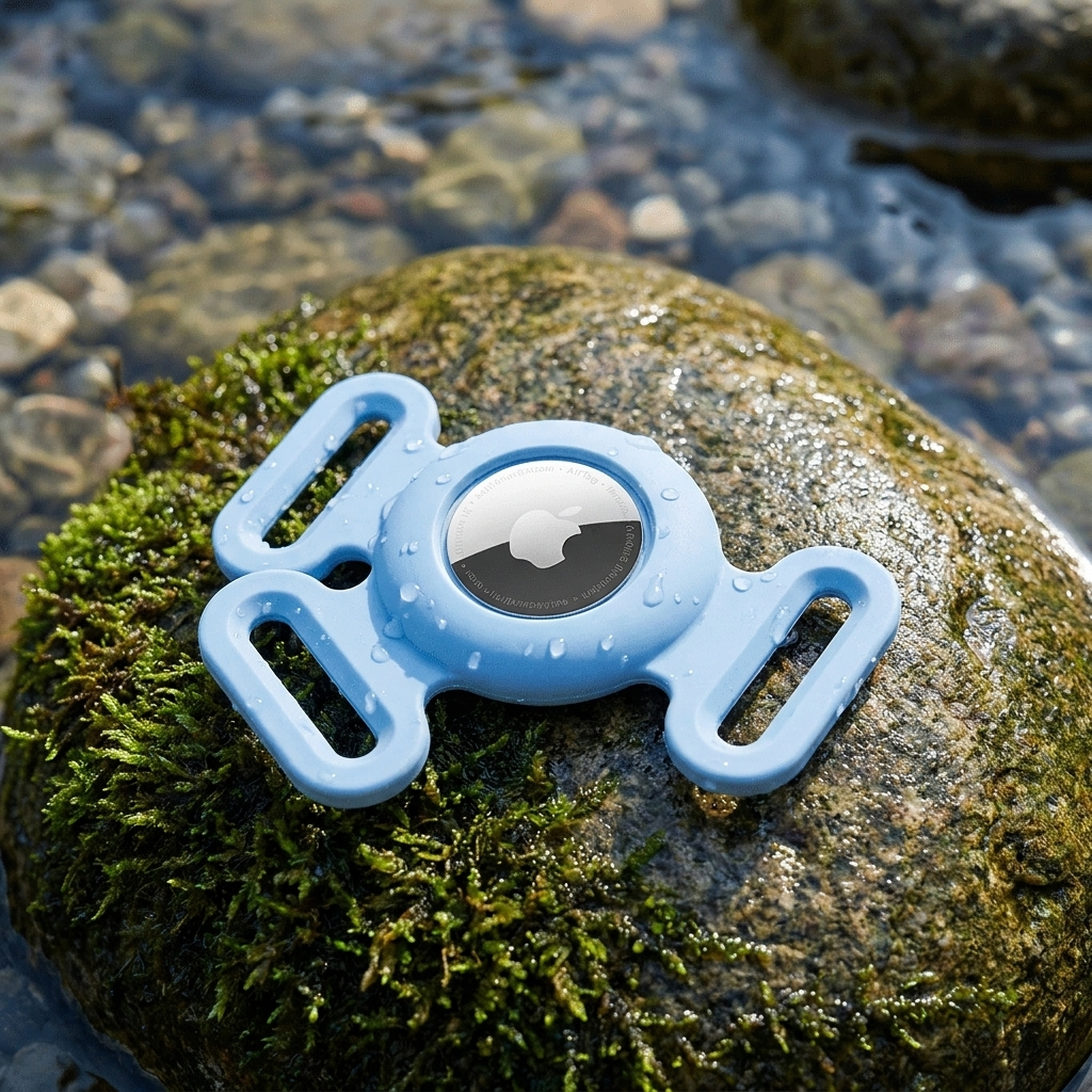 Tagalo AirTag holder on a mossy river stone with water behind