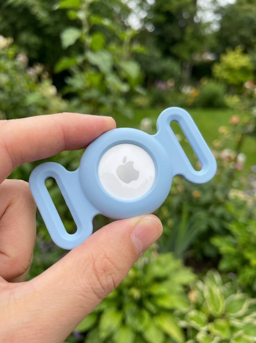 An Apple AirTag being seated into the Tagalo silicone shell