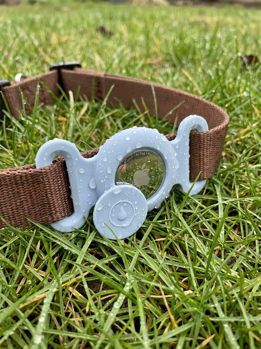 Tagalo AirTag holder on a collar with rain water beaded on it