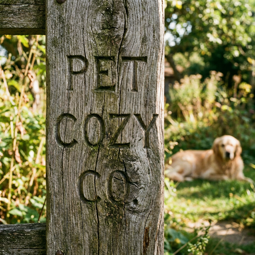 Pet Cozy Co carved into a weathered oak garden gate post