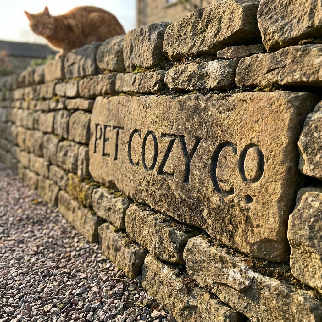 Pet Cozy Co chiselled into a sandstone garden wall